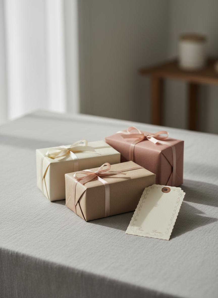 A neatly arranged collection of elegant gift boxes on a light gray linen-covered table, each box wrapped in textured matte paper in muted tones of ivory, soft taupe, and dusty rose, finished with slim satin ribbons tied in precise bows. A single handwritten-style blank gift tag rests beside the boxes, inviting imagination. Soft morning light from an unseen window to the left washes across the scene, creating gentle shadows and a calm, refined atmosphere. The background fades into a subtle blur of neutral wall and a hint of a wooden shelf. Photographic realism, shot at eye level with a shallow depth of field, emphasizes quiet sophistication and the feeling of thoughtfully chosen, heartwarming gifts.